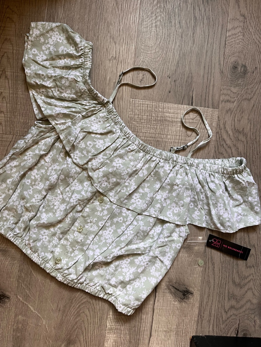 No Boundaries sage green floral tie-strap crop top